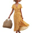 thumbnail image 1 of Vestido largo de verano con estampado floral, escote en V, cintura con cinturón, mangas con volantes y dobladillo asimétrico, 1 of 6