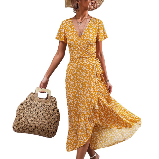 Vestido largo de verano con estampado floral, escote en V, cintura con cinturón, mangas con volantes y dobladillo asimétrico