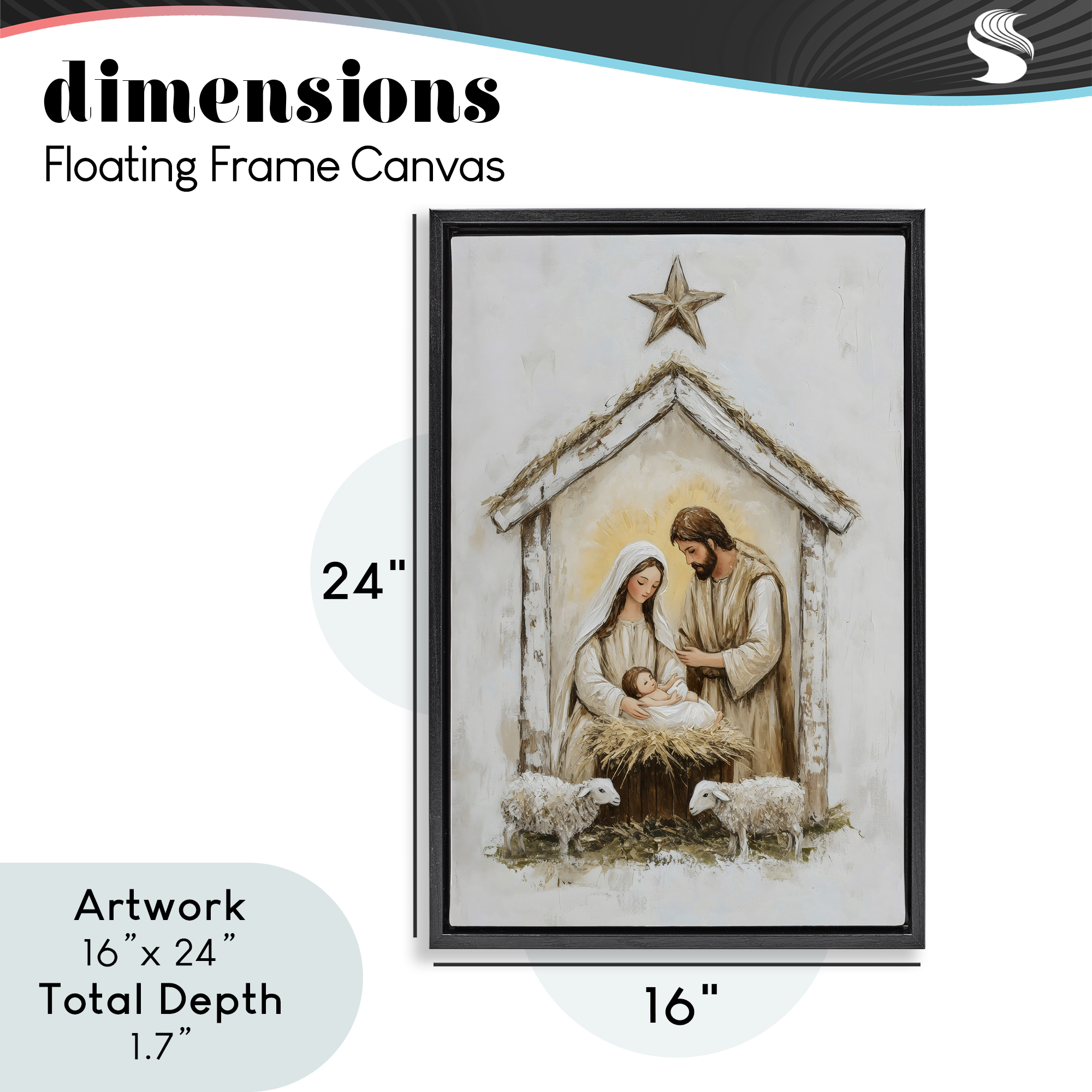 Little Lambs & Nativity Black Framed Floater Canvas Wall Art, design by Petal Prints Design