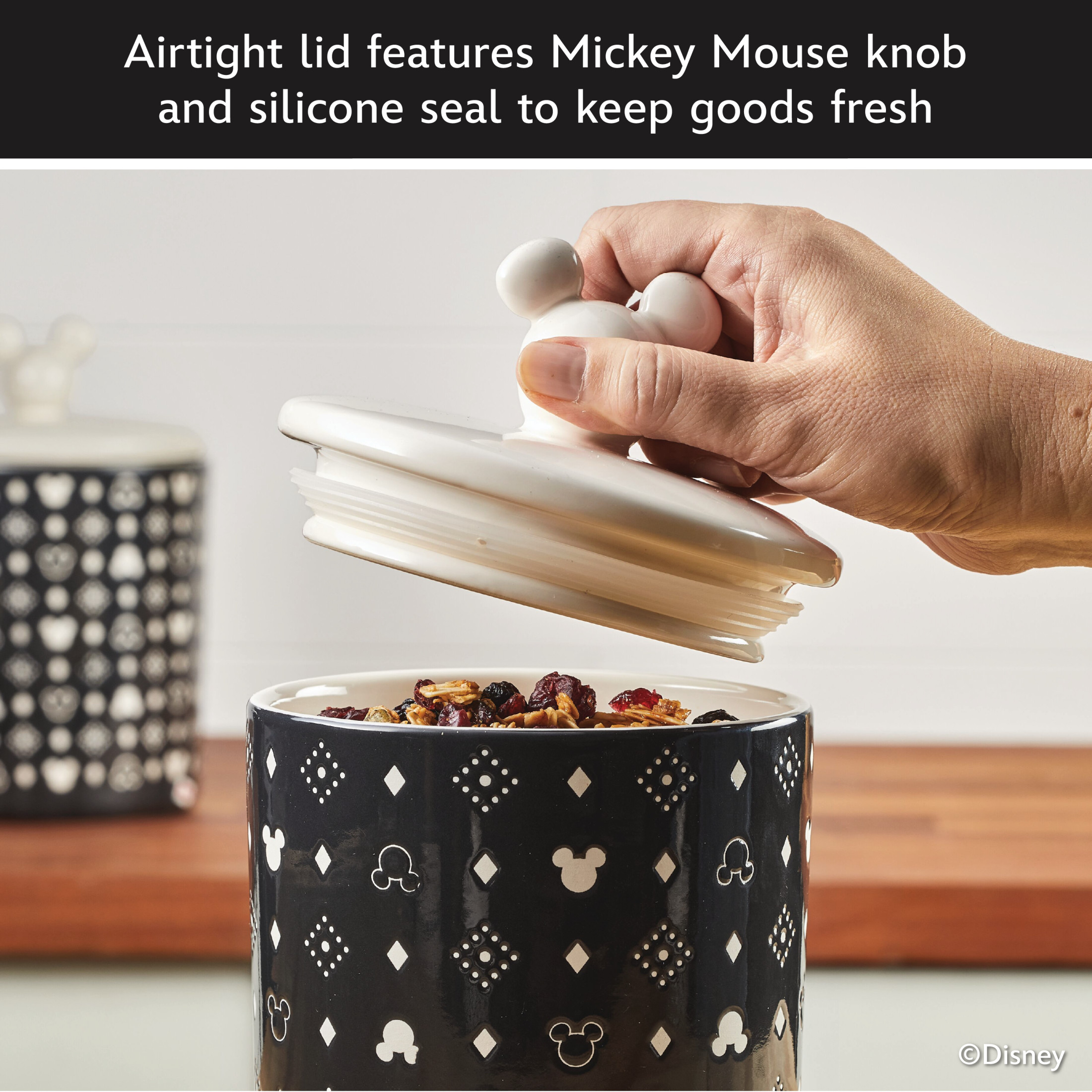 Disney Home Monochrome 7 Cup Large Ceramic Canister and Lid with a geometric pattern featuring Mickey’s iconic silhouette, Black