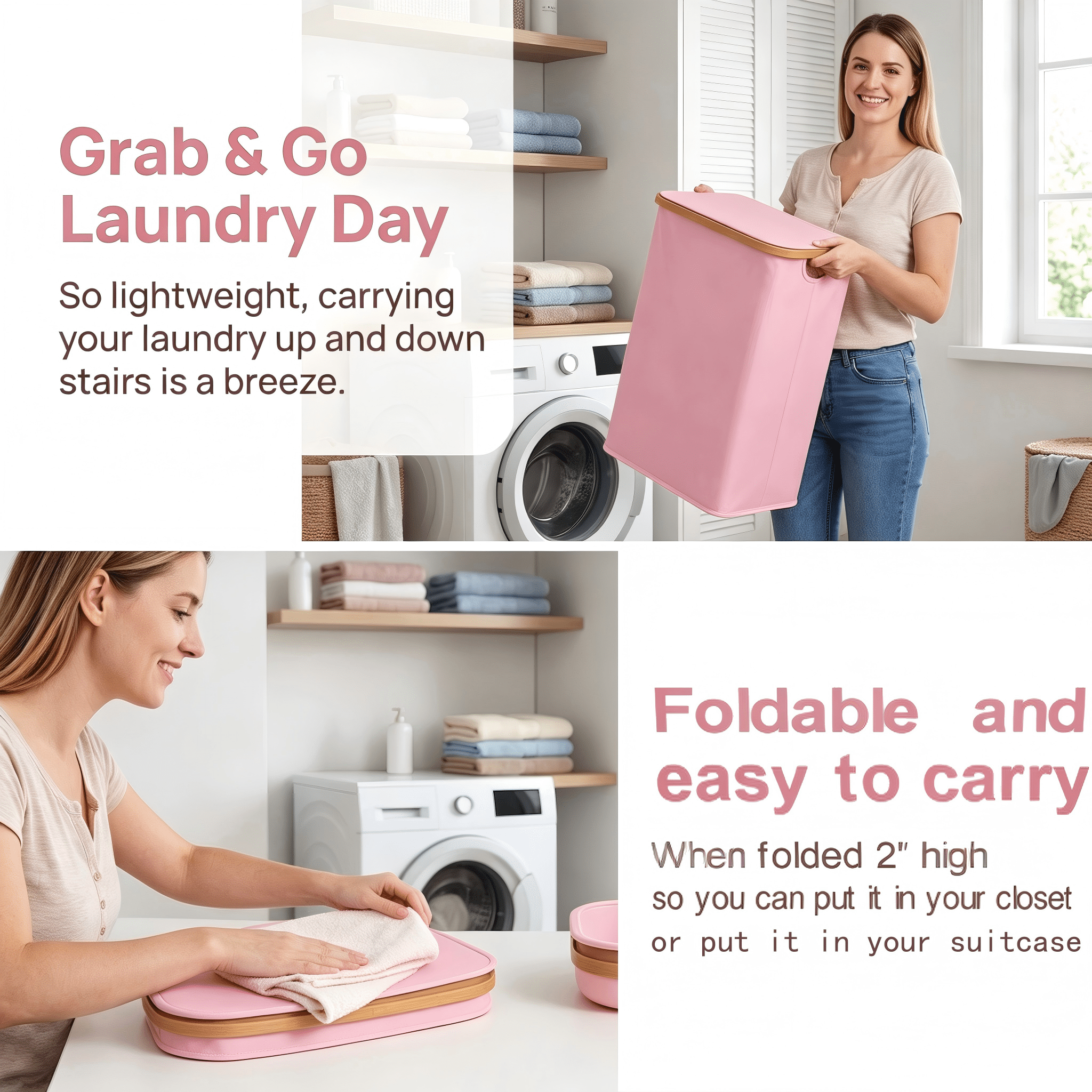 65L Slim Laundry Hamper, Narrow Laundry Basket with Lid,Foldable Clothes Hamper with Bamboo Handles,Hamper Basket with Removable Inner Bag for Laundry Room Bedroom College Dorm,17.17 Gals Pink