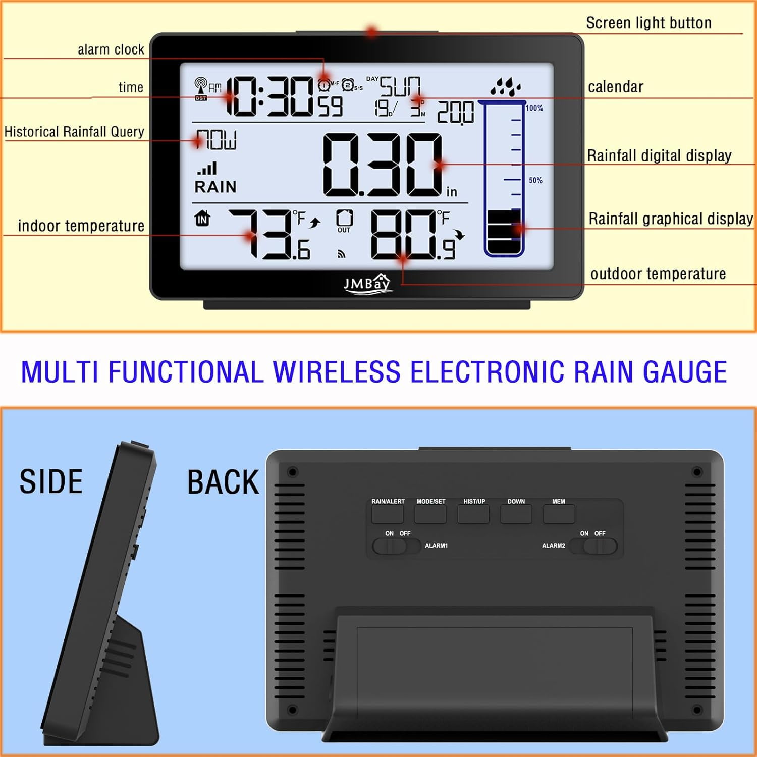 Wireless Digital Rain Gauge with Thermometer, Self-Emptying Rain Collector Monitoring Rainfall,High Precision Remote Rain Gauge Outdoor Indoor for Garden and Yard,Freeze Proof Rain Measure Gauge
