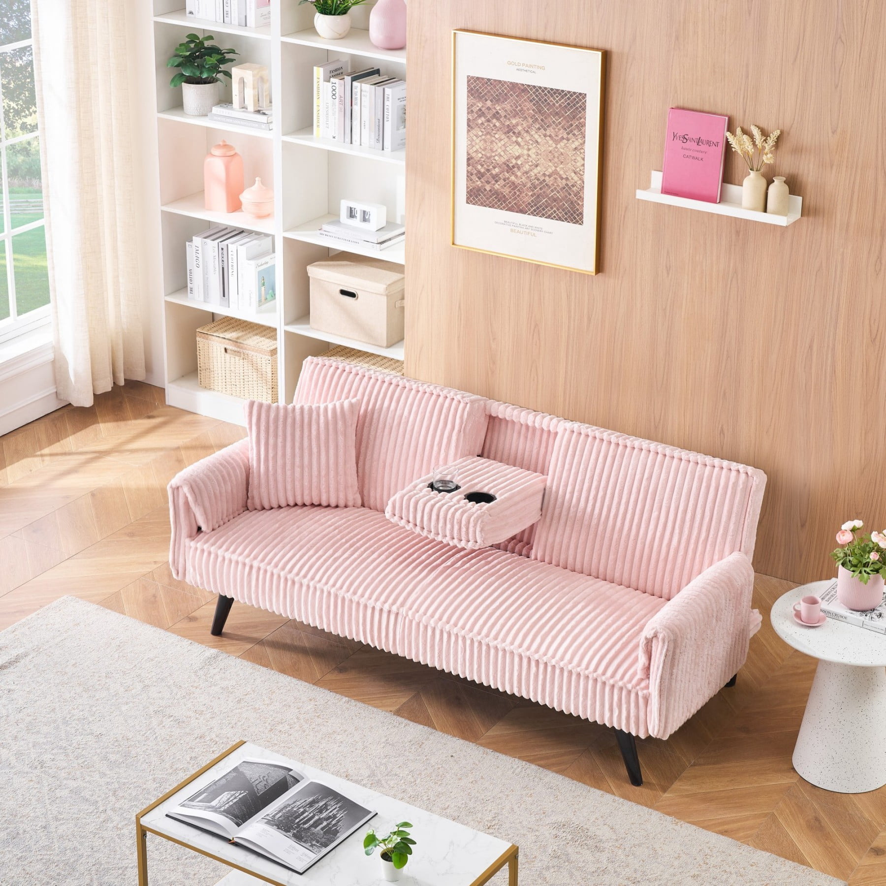 Corduroy Sofa Couch, Adjustable Modern Sleeper Sofa with Cup Holders for Living Room Bedroom Apartment, Pink