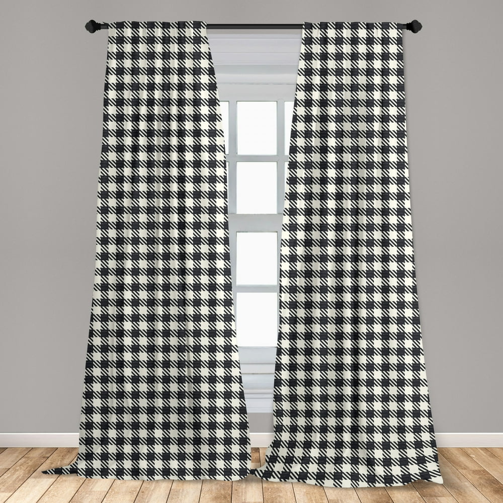 Checkered Curtains 2 Panels Set, Diagonal Stripes and Squares