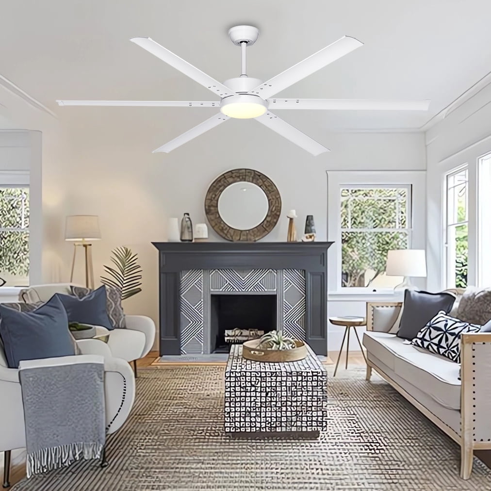 Ohniyou 72" Farmhouse Ceiling Fan with Lights and Remote 6 Metal Blades Large Indoor Outdoor Ceiling Fan for Industrial Patios Living Room Garage, White