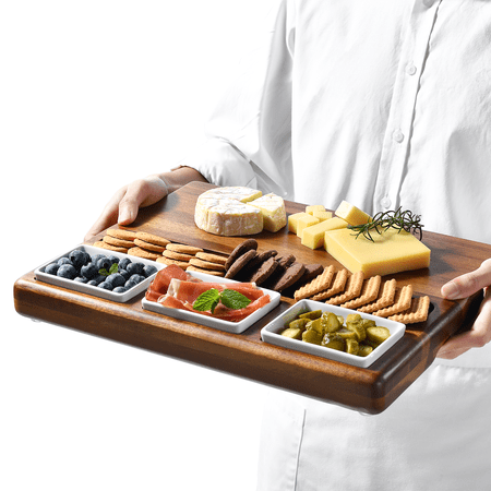 Shanik Large Acacia Wood Charcuterie Board Set with 3 Removable Ceramic Bowls & Serving Utensils - Housewarming, Wedding, Bridal Shower, Home and Kitchen, New Home Gift Ideas for Women, Gifts for Her