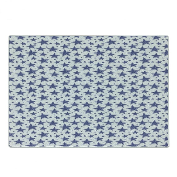Star Cutting Board, Hand Drawn Illustration of 5 Pointed Doodle Style Stars Geometric Pattern, Decorative Tempered Glass Cutting and Serving Board, Small Size, Violet Blue White, by Ambesonne