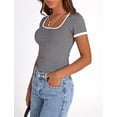 thumbnail image 3 of PRETTYGARDEN Women's Summer Short Sleeve T Shirts Ribbed Knit Square Neck Color Block Slim Fit Basic Casual Crop Tops Blouses, 3 of 9