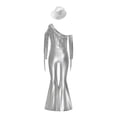 thumbnail image 4 of inlzdz Kids Girls 70s Hippie Dance Outfits One Shoulder Metallic Sequin Tassel Bell Bottom Jumpsuit and Hat Silver 14, 4 of 6