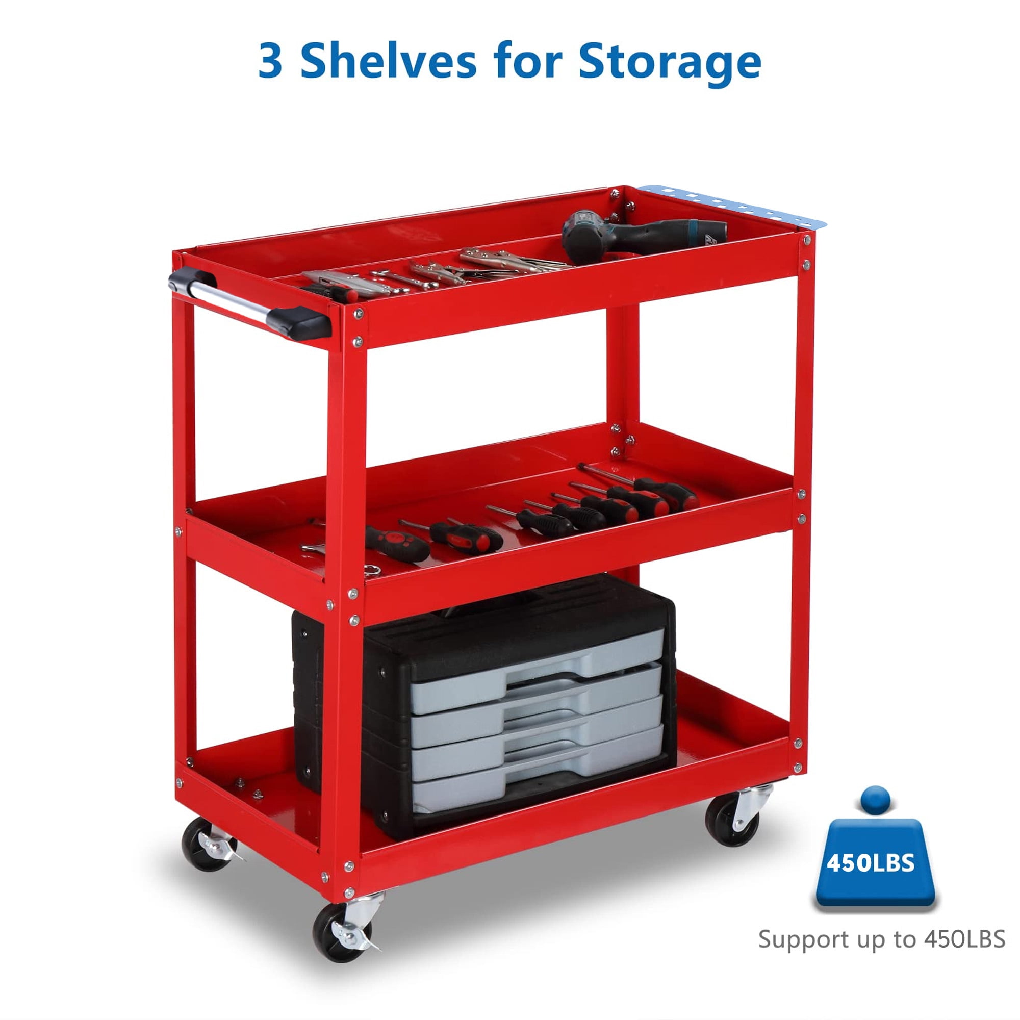 Aukfa 3-Tier Utility Cart on Wheels, 450 lb Heavy Duty Rolling Tool Cart for Warehouse, Garage, Red