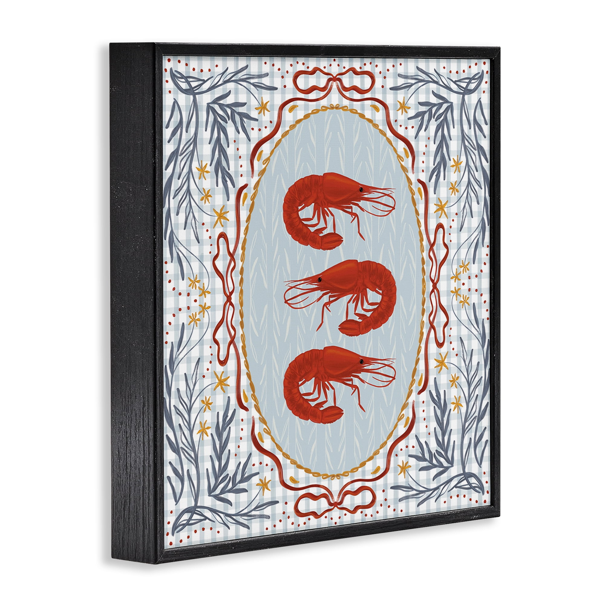 Stupell Industries Prawn Trio on Blue Gingham Black Framed Giclee Art, design by Vero Illustrates