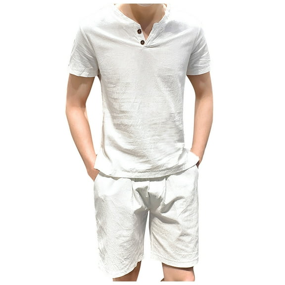 VSSSJ Cotton and Linen Sets for Men Plus Size Solid Color V-Neck Button Short Sleeve Tee Shirts and Elastic Waist Shorts Casual Breathable Loose Two Piece Suit White XXXL