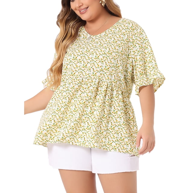 Blusas de verano para mujer de talla grande Agnes Orinda con escote en V, mangas con volantes y estampado floral 3X amarillo claro