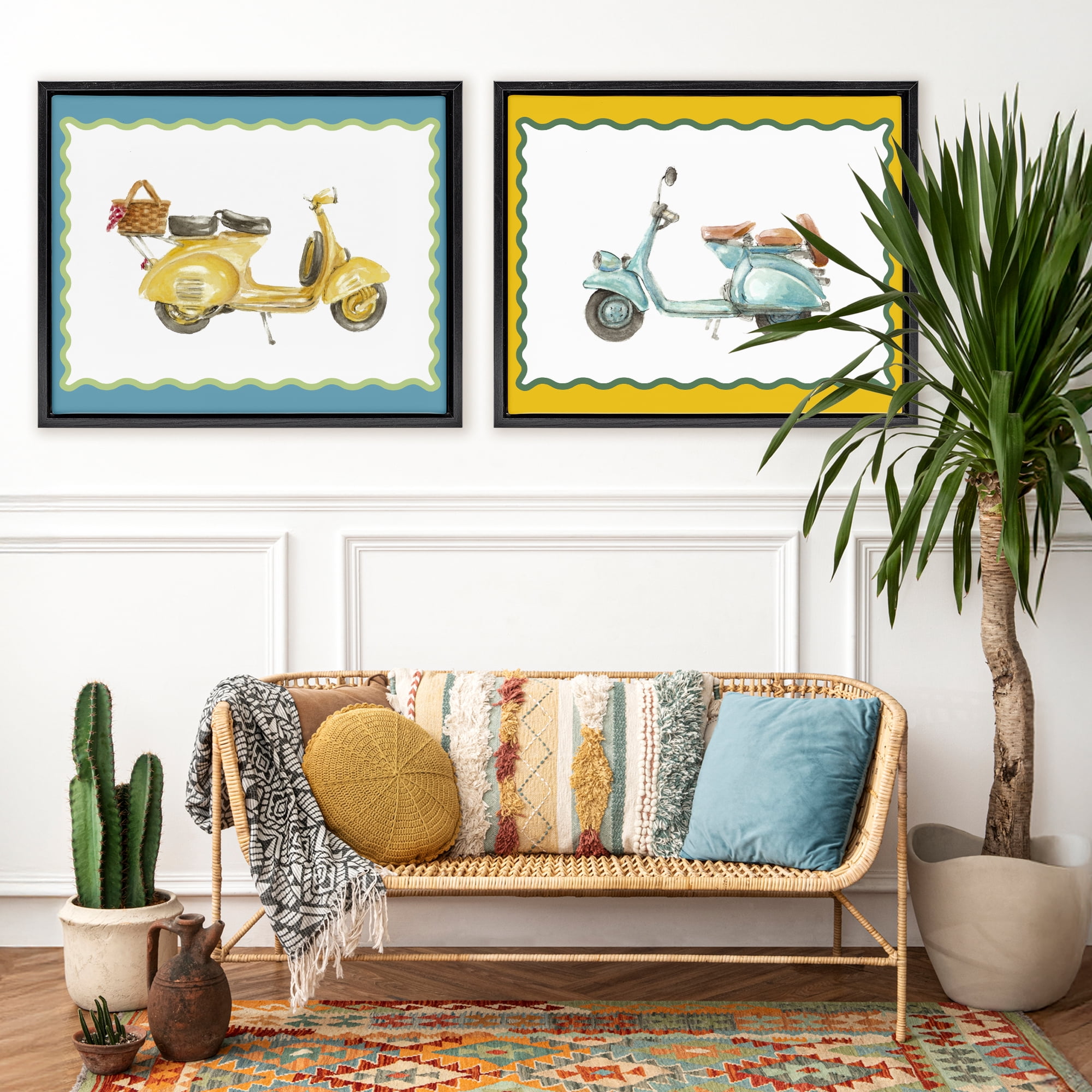 Stupell Industries Wavy Bordered Scooters 2 Piece Black Framed Floater Canvas Set, design by Lanie Loreth