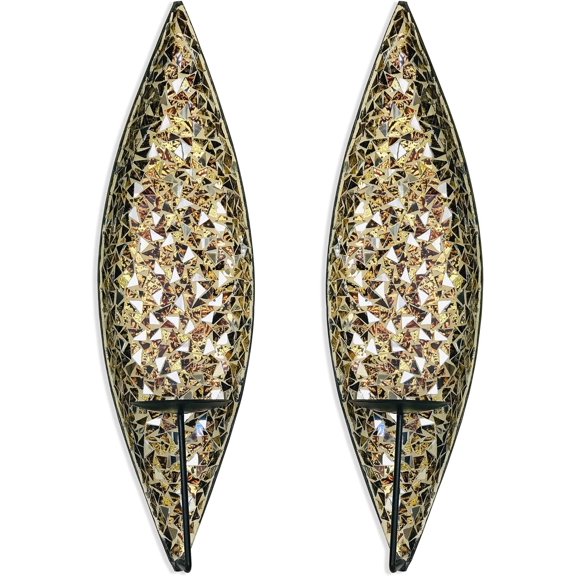 Bella Palacio” Glass Mosaic & Metal Wall Mounted Decorative Candle Holder Wall Sconce,Set of 2, Large Size 18 in. Light Weight Wall Decor (Golden Sands)