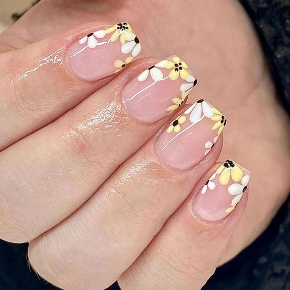 Press on Nails Short Square Fake Nails Press ons With Pink White Gradient Designs Simple Glue on Nails Full Cover False Nails Rtificial Acrylic Stick on Nails for Women 24 Pcs Pink White Gradient