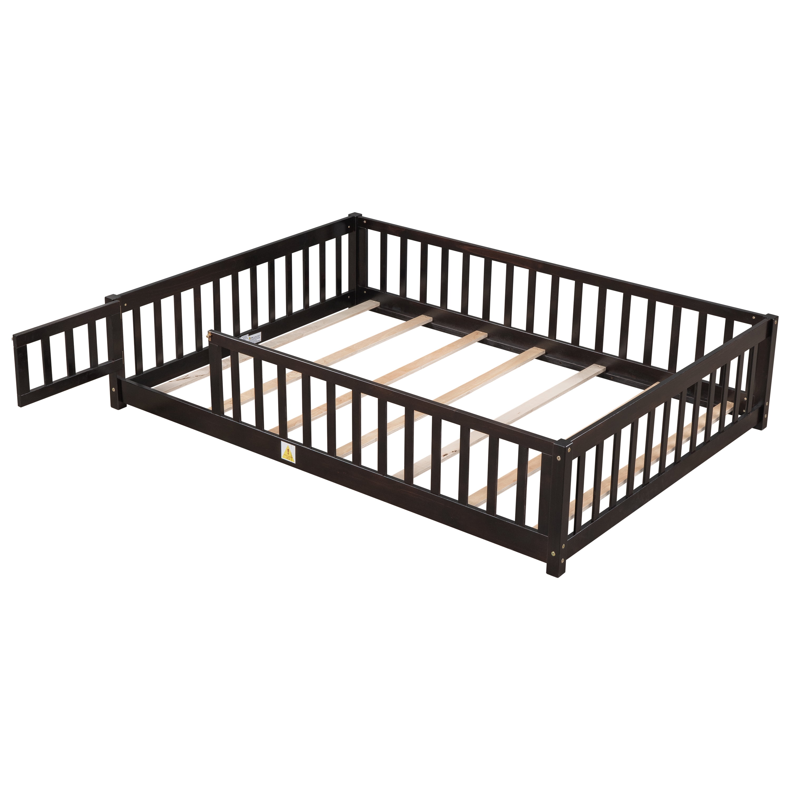 Miniyam Full Size Floor Bed with Guardrails and Door for Kids, Espresso