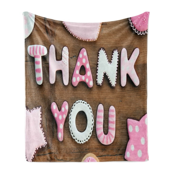 Thank You Soft Flannel Fleece Throw Blanket, Romantic Cookie Letters Sugar Candy on a Rustic Wood Table Image, Cozy Plush for Indoor and Outdoor Use, 50" x 70", White Brown and Pink, by Ambesonne