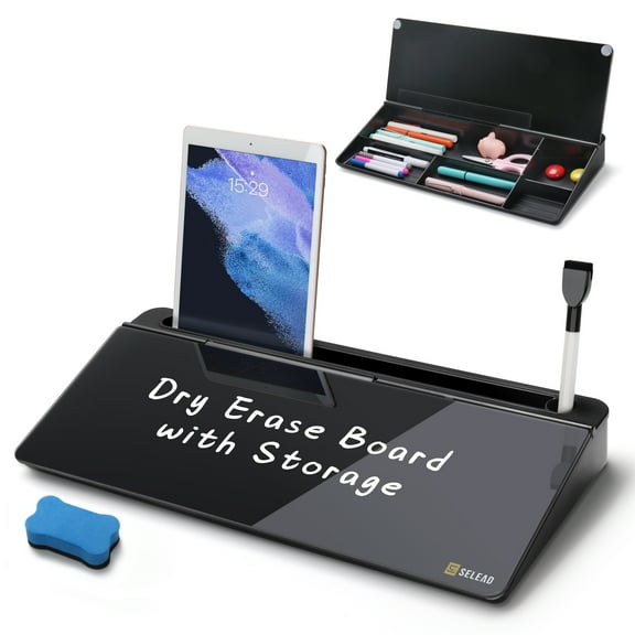 SELEAD Desktop Glass Whiteboard with Organizer, Markers, Eraser, Holder - Small Dry Erase White Board Computer Pad Keyboard Stand for Home, Office Desk Accessories - Black