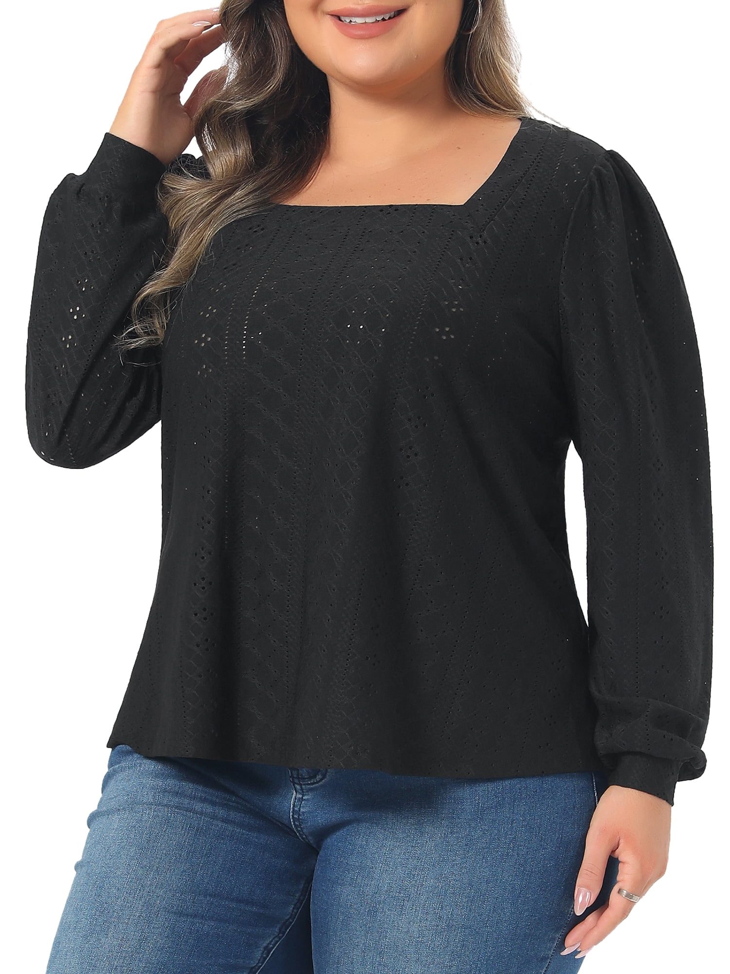 DARING DIVA Women's Plus Square Neck Hollow Dressy Casual Eyelet Shirts 4X Black