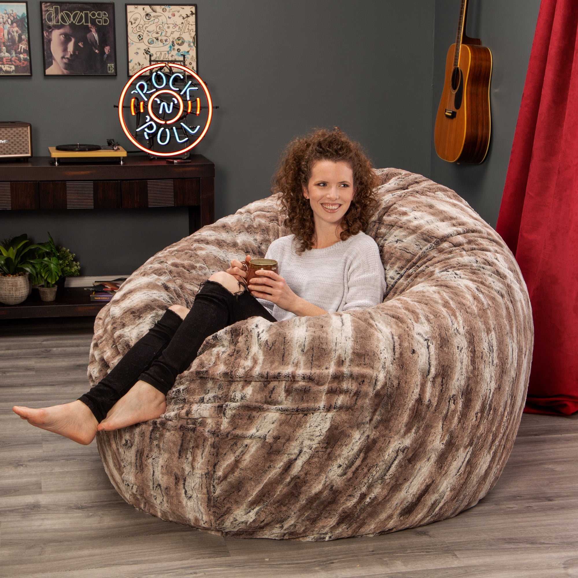 Jaxx 6 Foot Cocoon - Large Bean Bag Chair for Adults, Premium Luxe Faux Fur - Mountain Fox