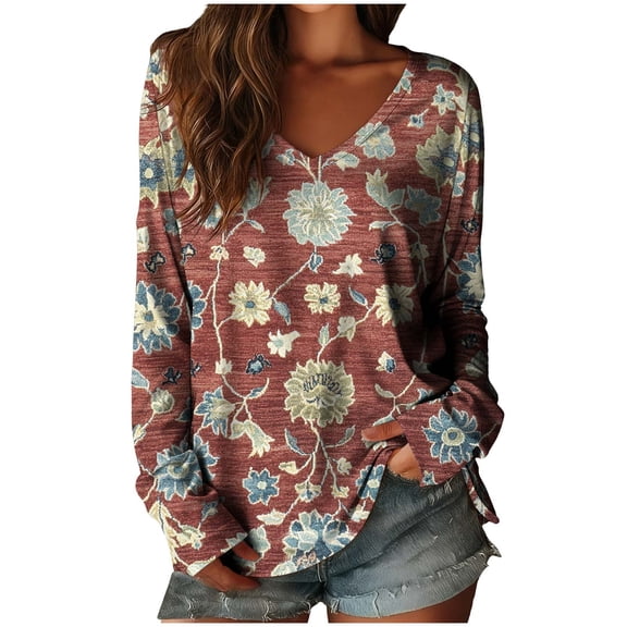JSKUMAR Womens Floral Tops V Neck Long Sleeve Vintage Printed Casual Outfits Trendy Loose Pullover Shirts Fashion Blouses (Multicolor-28,XL)