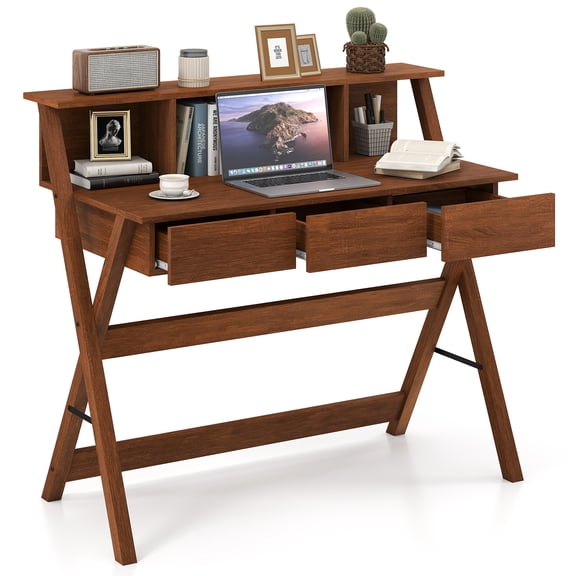 Gymax Home Office Desk w/ 3 Drawers Built-in Monitor Stand Storage Writing Desk