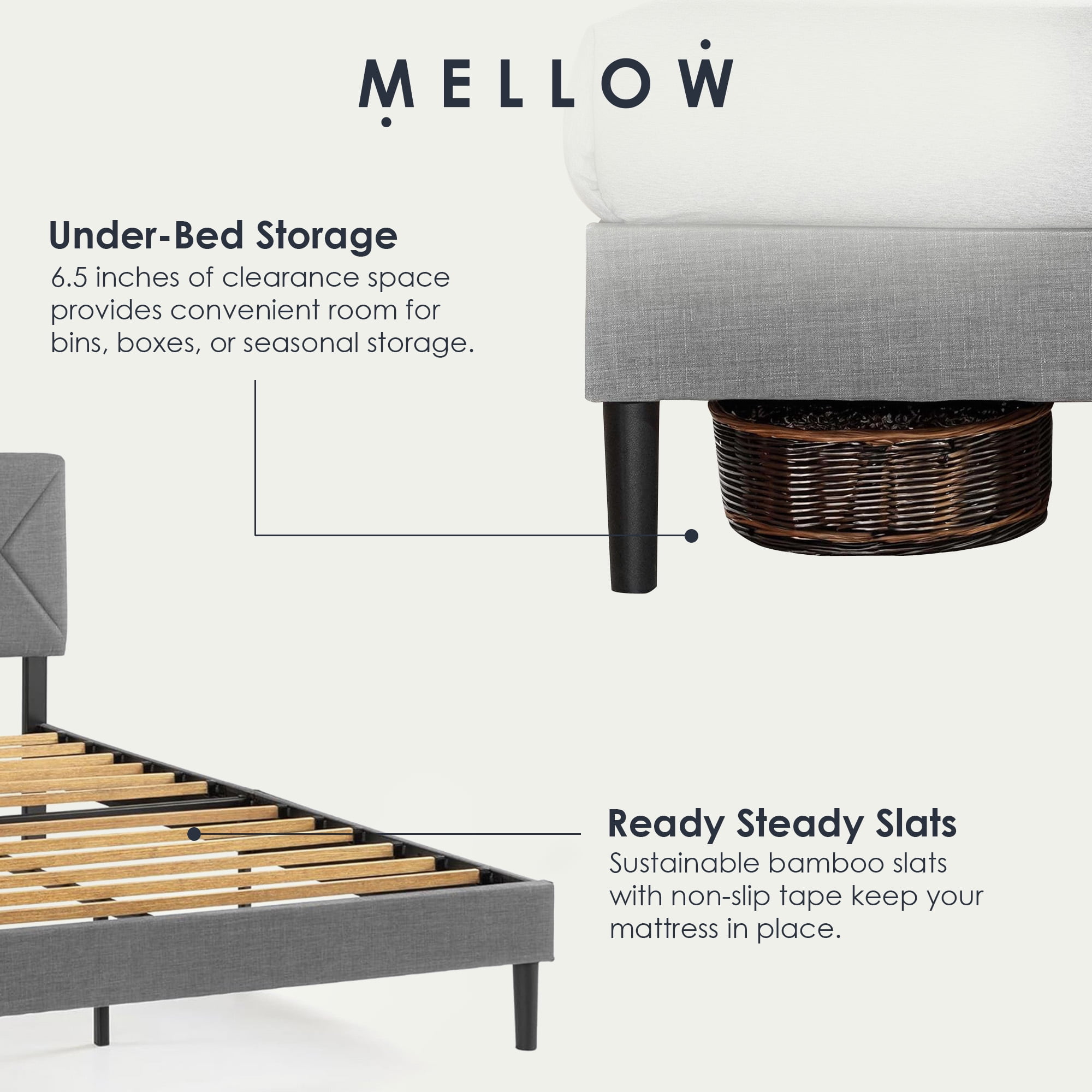 Mellow Olena Upholstered Platform Bed Frame with Diamond Channel Tufted Headboard, Queen