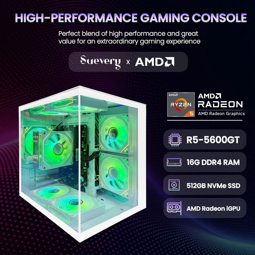 Pre-Built Gaming Desktop PC, AMD Ryzen 5 5600GT, Radeon Graphics, 512GB SSD, 16GB, Windows 11 Ho'me