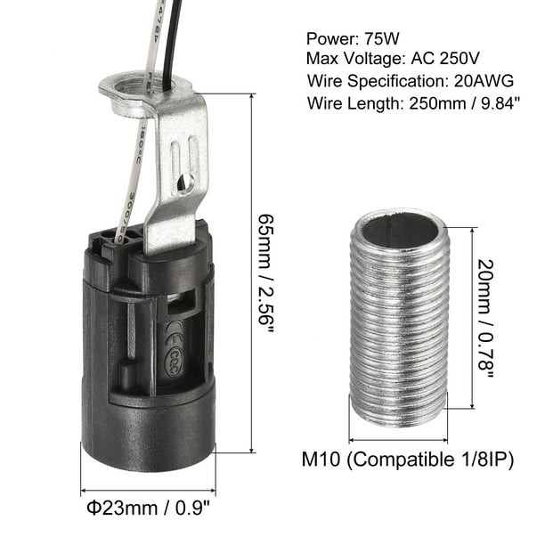 E14 Ampoule Douille Plastique Ampoule Bougie Lampe Douille Noir 23x65mm  avec M10 Lampe Tuyau Écrou & Fil pour E14 Ampoule Paquet de 6 