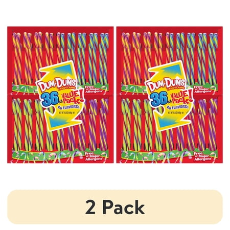(2 pack) Dum Dums Assorted Flavors Christmas Holiday Candy Canes Stocking Stuffers, Individually Wrapped Treats, 36 Count