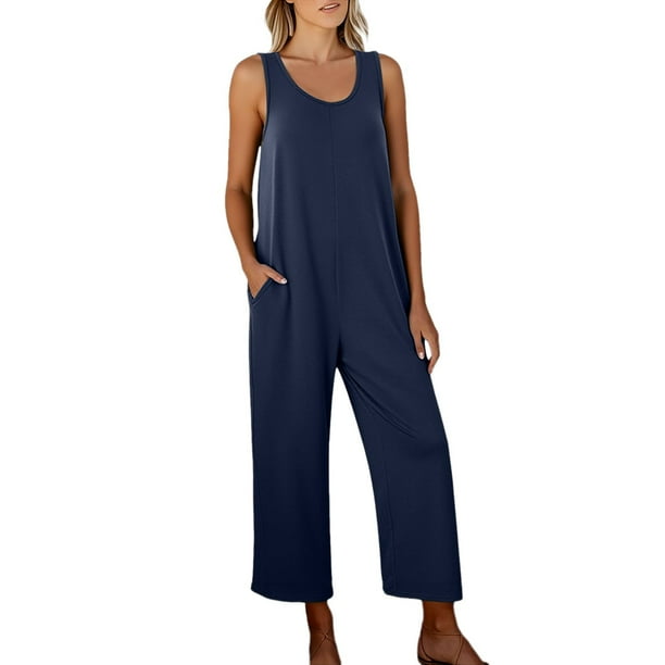 Mono sin mangas para mujer: cuello sin mangas, pantalón ancho informal, corte holgado, con bolsillos