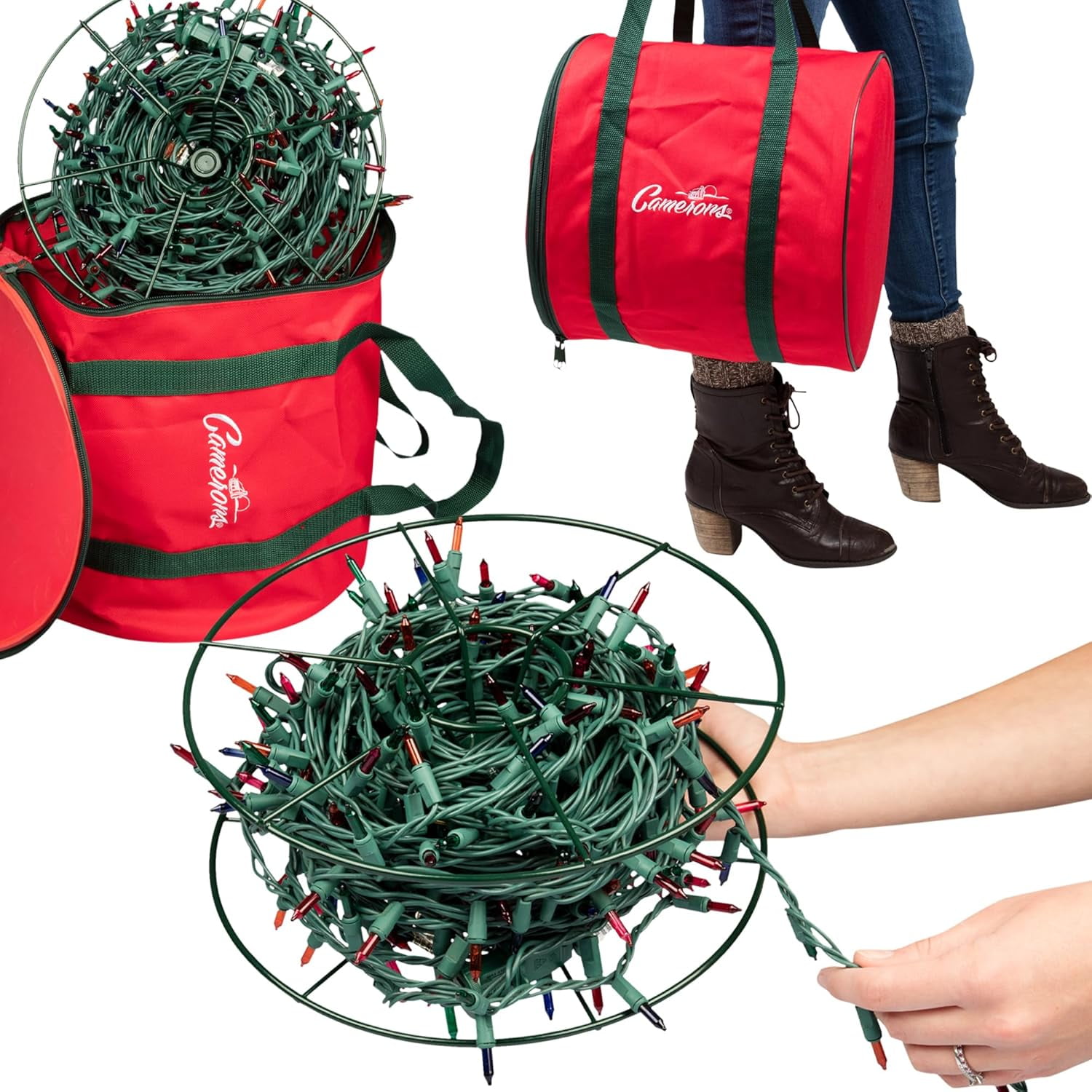 Camerons Christmas Light Storage Reel 3 Pack w Zippered Carrying Bag Case- 12" XL Heavy Duty Metal Construction for Tree Lights, Wind up Extension Cords, Garland- Holiday Decoration Organizer