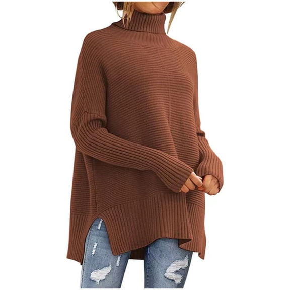 Simua Women's Turtleneck Long Sleeve Solid Color Oversized Side Slit Soft Knit Pullover Sweater Tops