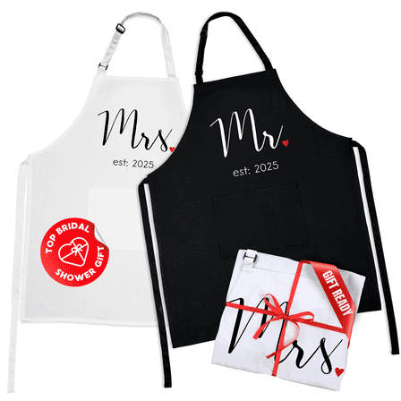 Prazoli Products Mr Mrs Apron Set - Engagement Gifts, Wedding & Bridal Shower Gifts for Couple (Mr. & Mrs. Est: 2025, Standard)