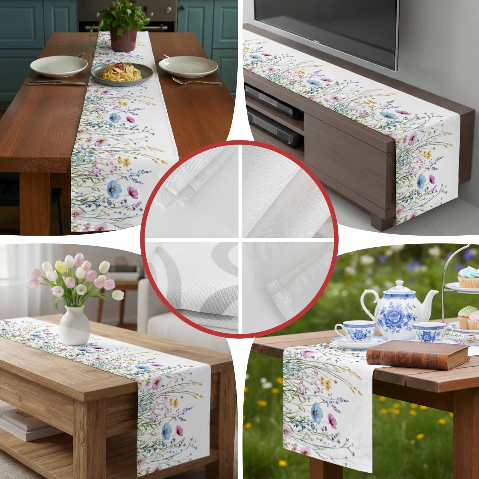 Farm Flower Watercolor Wildflower Table Runner 90 Inches Long, Farm Plant on White Table Runners Tabletop Scarf Kitchen Dining Tables Decoration for Home Party Indoor Outdoor