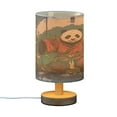 thumbnail image 2 of WOBOGO Samurai Panda Pattern Bedroom Table Lamp USB Power Connector Wooden Base Round Linen Shade For Living Room Desk, 2 of 7