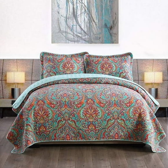 Newlake Cotton Bedspread Quilt Sets-Reversible Patchwork Coverlet Set, European Gorgeous Floral Pattern, Twin Size