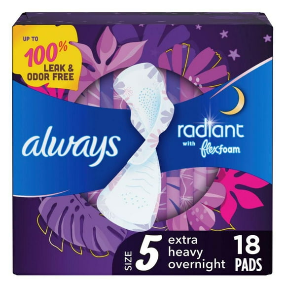 Always Radiant Overnight Feminine Pads for Women, Size 5 Extra Heavy Nighttime, with Wings, Scented, 18ct