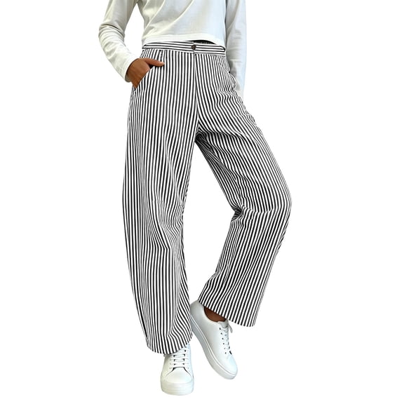 Edvintorg Women's Pants Striped Loose Elastic Waisted Casual Wide Leg Trousers with Pockets Plus Size Fashion Womens Clothing Black XL