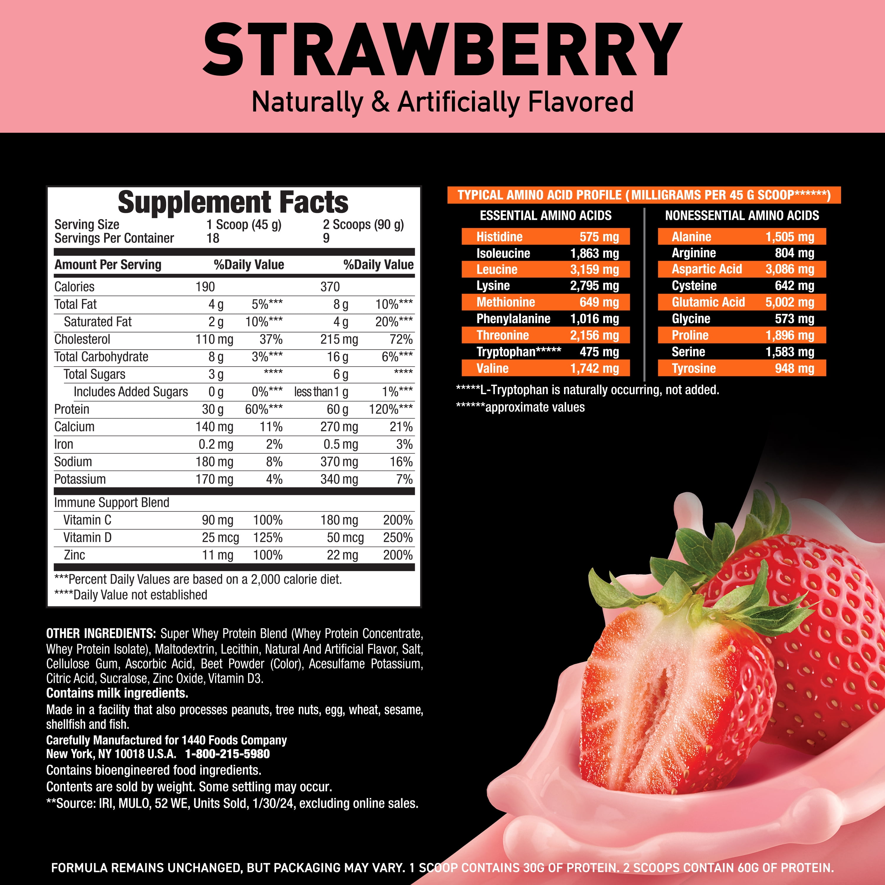 Body Fortress Super Advanced 100% Premium Whey Protein Powder, Strawberry, 60g Protein, Immune Support , Vitamins C & D Plus Zinc, 1.78 lbs