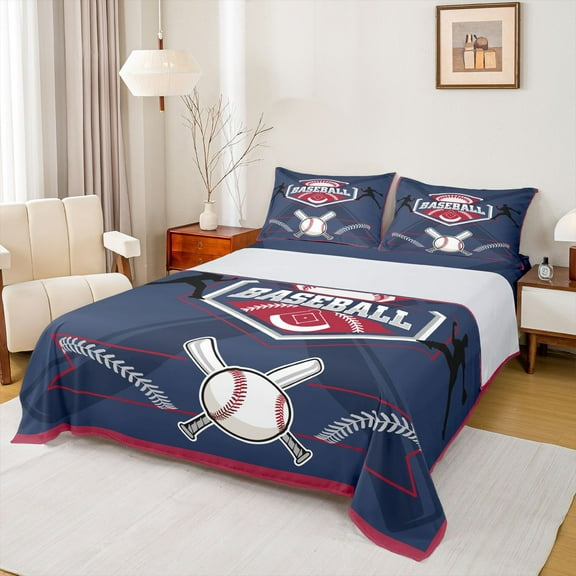 Feelyou Cartoon Baseball Athlete Twin Sheet Sets for Kids, Navy Red Twin Fitted Sheet, Est Sleep Sports Flat Sheet, Lightweight Room Decor, 3 Pieces