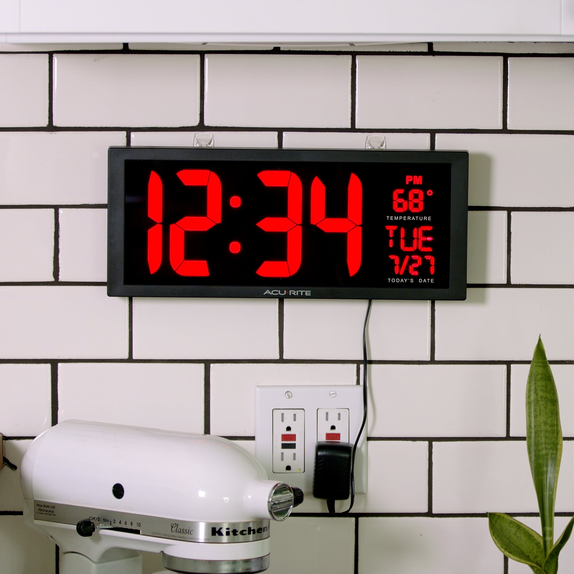 AcuRite Large 14.5" Digital LED Oversized Wall Clock with Date, Temperature and Fold-Out Stand, Red