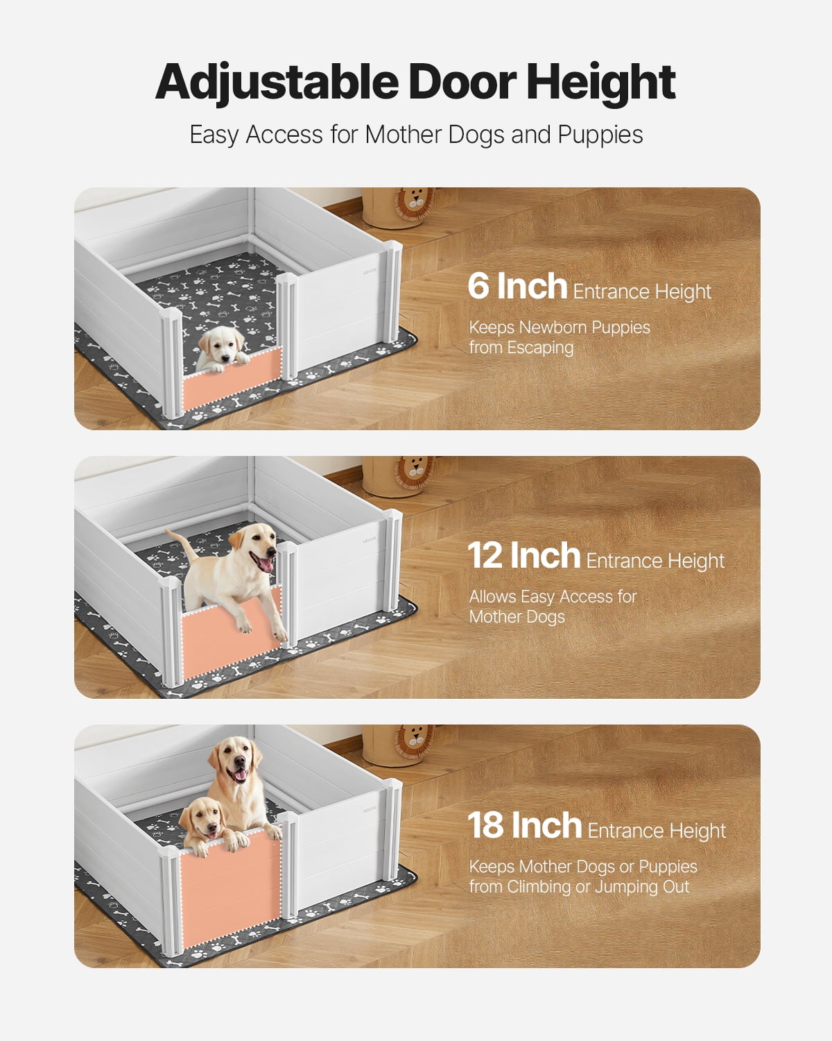 VEVOR Dogs Whelping Box, 48 x 48 x 18.1 inch, Plastic PVC Puppies Playpen with Height Adjustable Door and Washable Pee Pad, Anti-Deformation Indoor Puppy Play Pen for Large Breed Dogs, Milk White