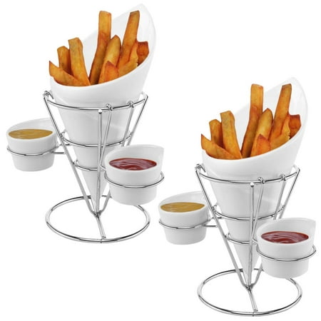 Gibson (2 Pack) Ceramic French Fry Holder & Ketchup Cups Set, Fries Cone Basket Stand & Sauce