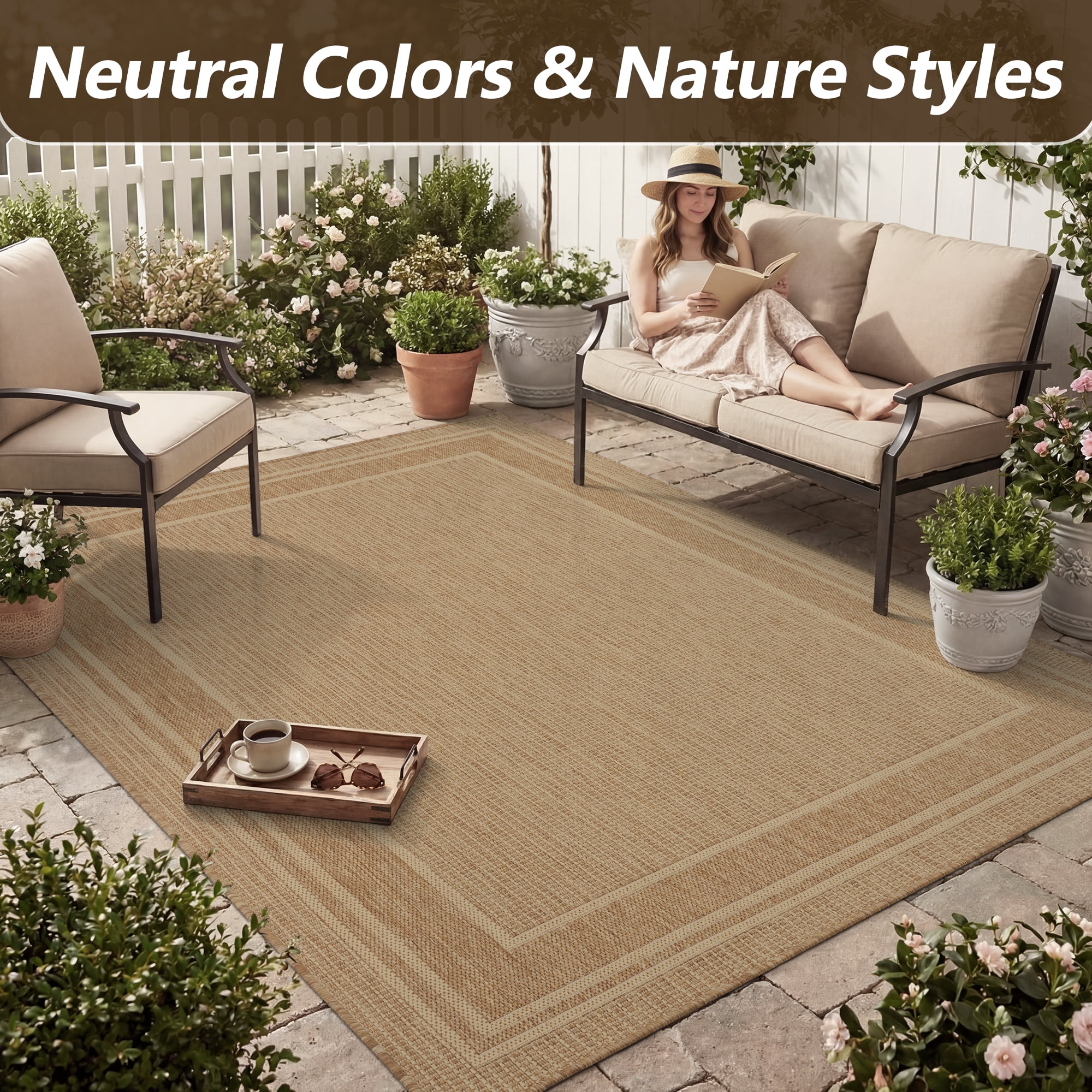 SIXHOME Outdoor Rugs 8'x10' Patio Rug Modern Bordered Indoor Outdoor Rugs Polypropylene Washable Non Shedding, Easy Clean, Waterproof, Durable Outdoor Carpet for Porch Balcony Deck Neutral Brown