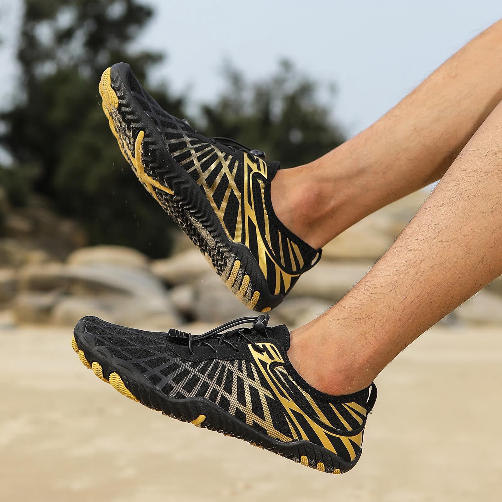 Dakaela Hike Barefoot Shoes Athletic Hiking Minimalist Water Sneakers Wide Toe Box Running Shoe Gold 6.5