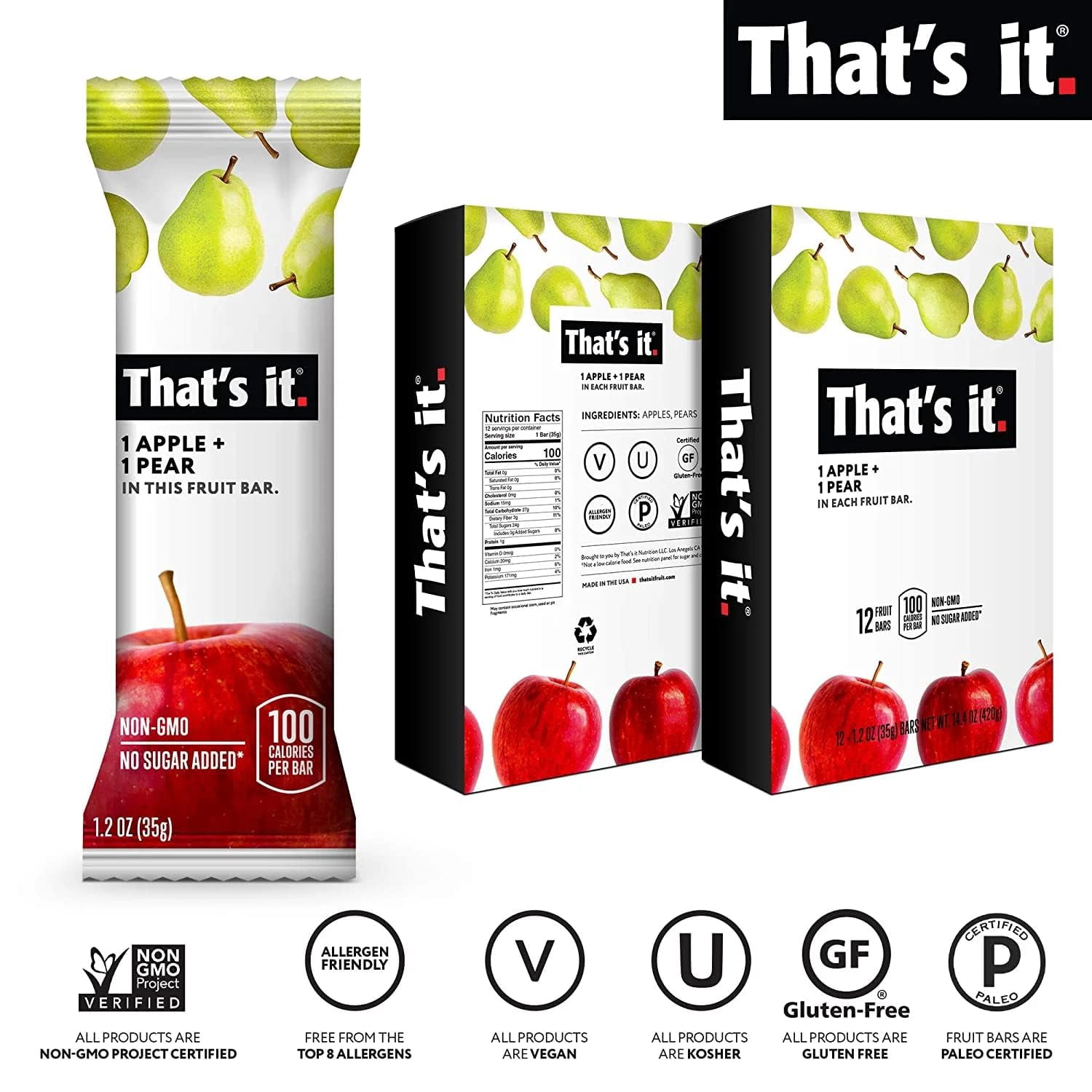 Thats It Apple and Pear Fruit Bar, 1.2 Ounce (Pack of 12)
