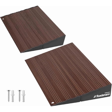 Ruedamann 2" Rise Modular Threshold Ramp for Doorways, 2200 lbs Capacity, Elegant Dark Wood Grain Door Threshold Ramp, Aluminum Non-Slip Door Ramps for Wheelchair, Walker, Scooter, Pets, 2 Pcs