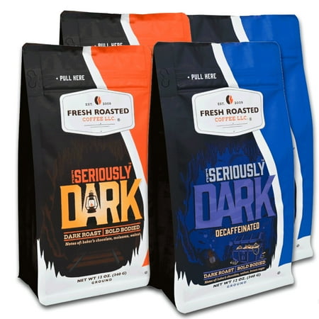 4 pack Fresh Roasted Coffee Seriously Dark Roast + Seriously Dark Decaf Ground 12 oz bags